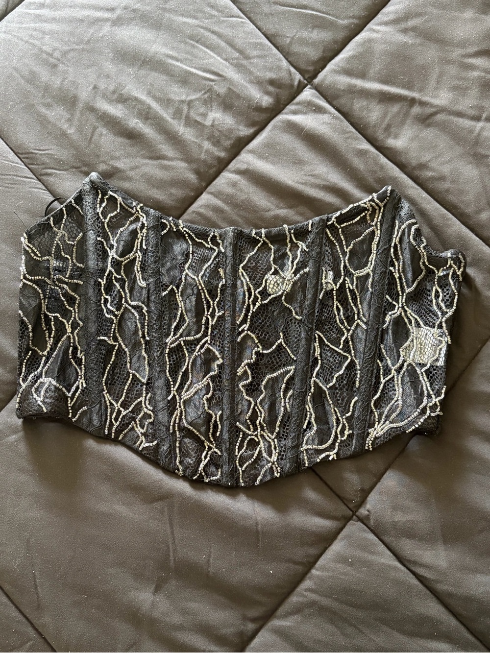 Black Lace Corset Top with Silver Embroidery
